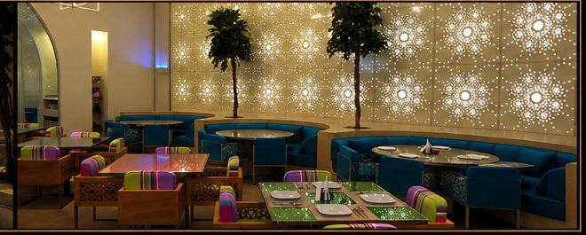 Café Blanc dining area with decorative screens